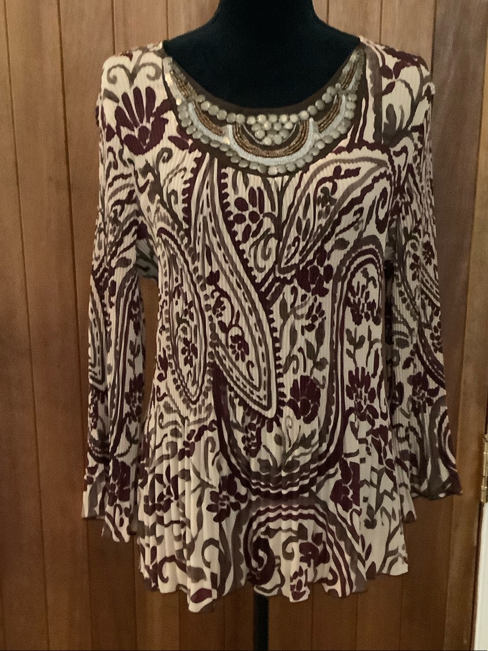 Signature by Larry Levine Cream and Burgundy Paisley Tunic with Beaded Neckline